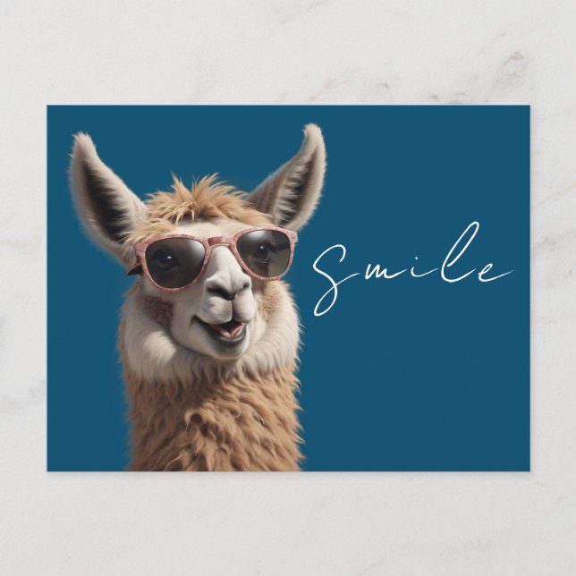 Smile Llama Cute Alpaca with Sunglasses Blue Postcard (Front)