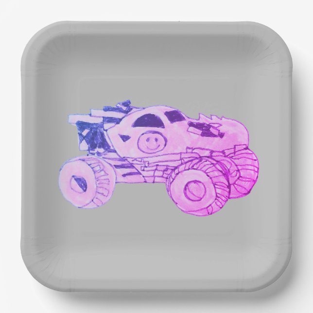 Smile Monster Truck Rally Birthday Party Paper Plates (Front)