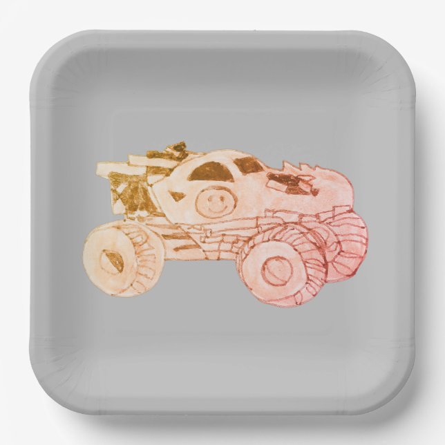 Smile Monster Truck Rally Birthday Party Paper Plates (Front)