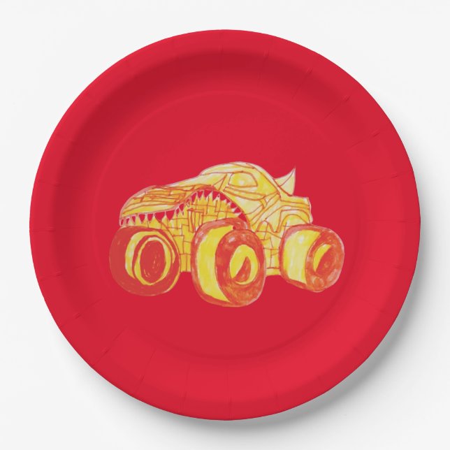 Smile Monster Truck Rally Birthday Party Paper Plates (Front)