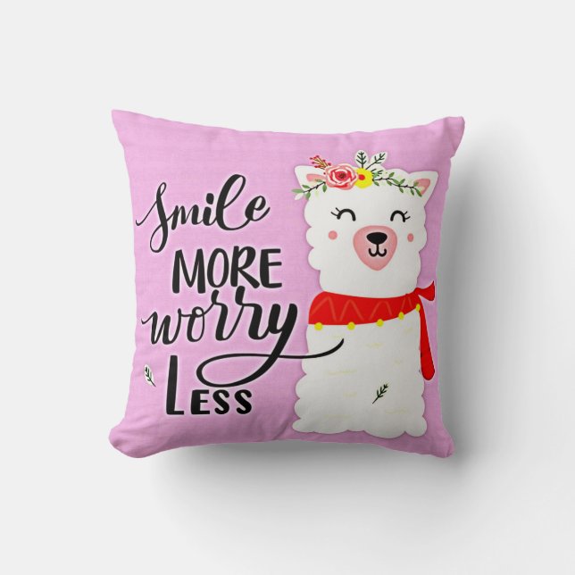 Smile More Worry Less Llama Throw Pillow (Front)