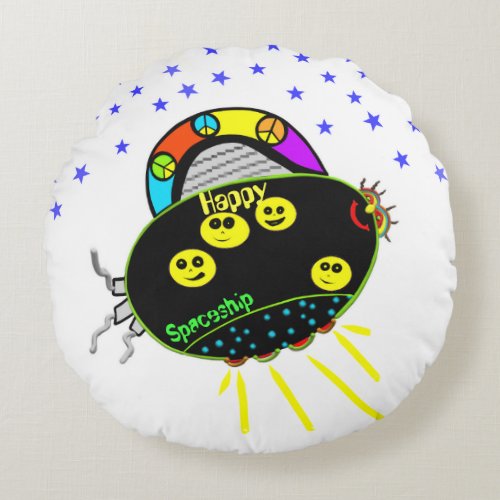 Smile Peace Black Spaceship Stars Kids Round Pillow