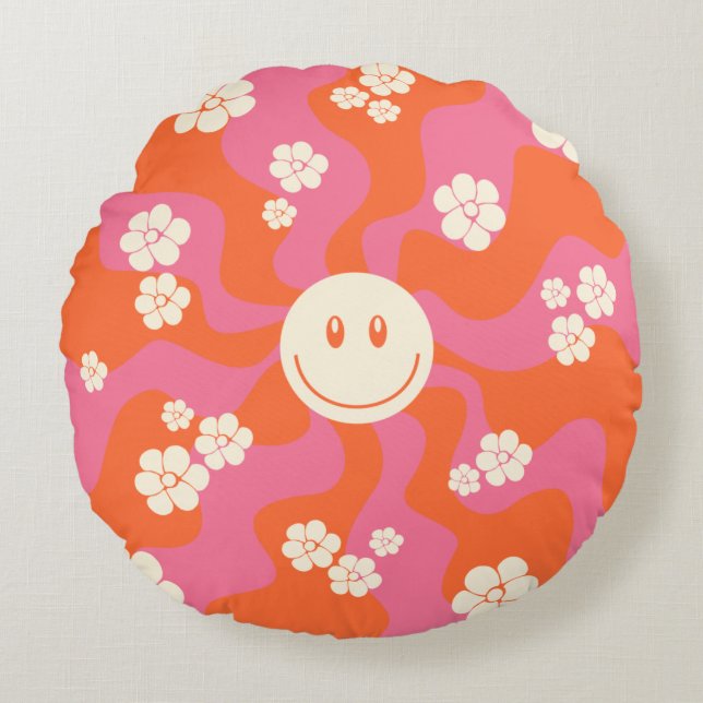 Smile - Pink, Orange and Cream Round Pillow (Front)