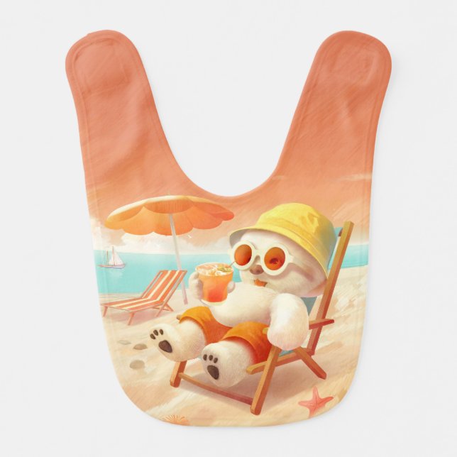 Smile Pup: Beach Mode On Smiling Bichon Frise Baby Bib (Front)