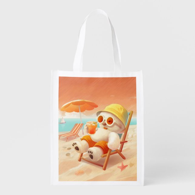 Smile Pup: Beach Mode On Smiling Bichon Frise Grocery Bag (Front)