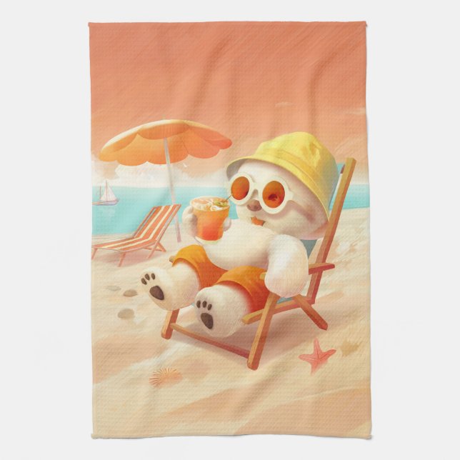 Smile Pup: Beach Mode On Smiling Bichon Frise Kitchen Towel (Vertical)