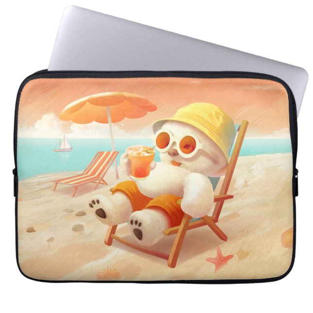 Smile Pup: Beach Mode On Smiling Bichon Frise Laptop Sleeve (Front)