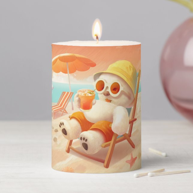 Smile Pup: Beach Mode On Smiling Bichon Frise Pillar Candle (In Situ)