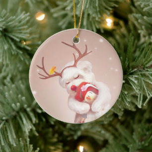 Smile Pup & Bunny Girl: Festive Holiday Hug Ceramic Ornament
