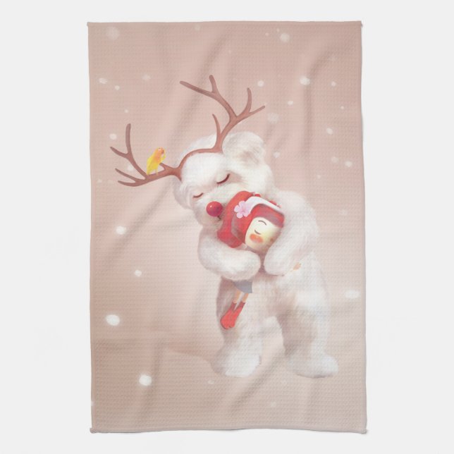 Smile Pup & Bunny Girl: Festive Holiday Hug Kitchen Towel (Vertical)