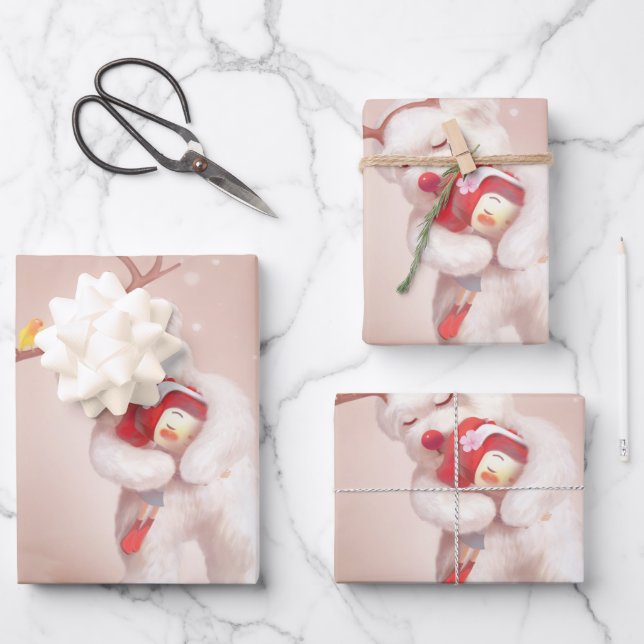 Smile Pup & Bunny Girl: Festive Holiday Hug Wrapping Paper Sheets (Front)