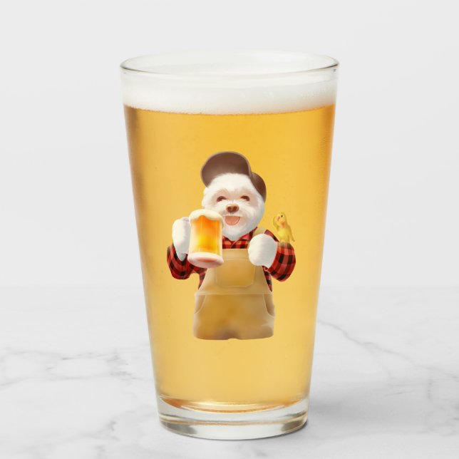 Smile Pup: Cheers! Happy Bichon Frise Beer Art Glass (Front Filled)