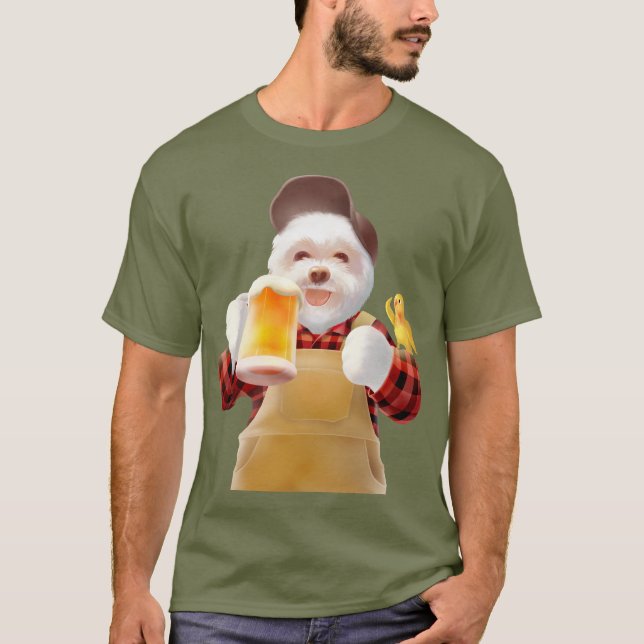 Smile Pup: Cheers! Happy Bichon Frise Beer Art T-Shirt (Front)