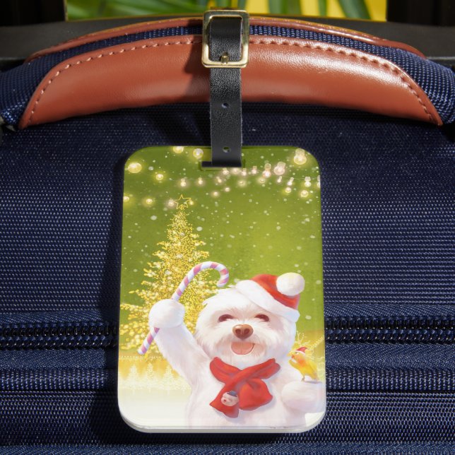 Smile Pup: Christmas Cheer Bichon Cane Luggage Tag (Front Insitu 2)