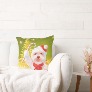 Smile Pup: Christmas Cheer Bichon Cane Throw Pillow