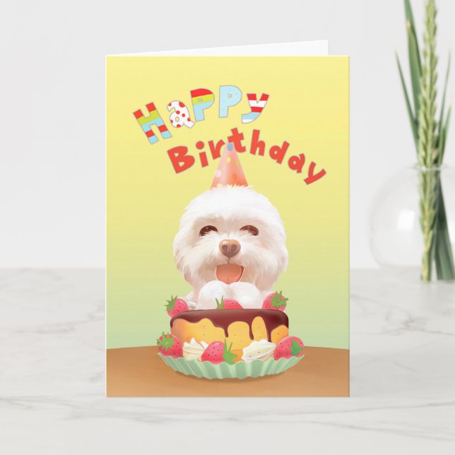 Smile Pup: Happy Birthday Bichon & Cake Art Card (Front)