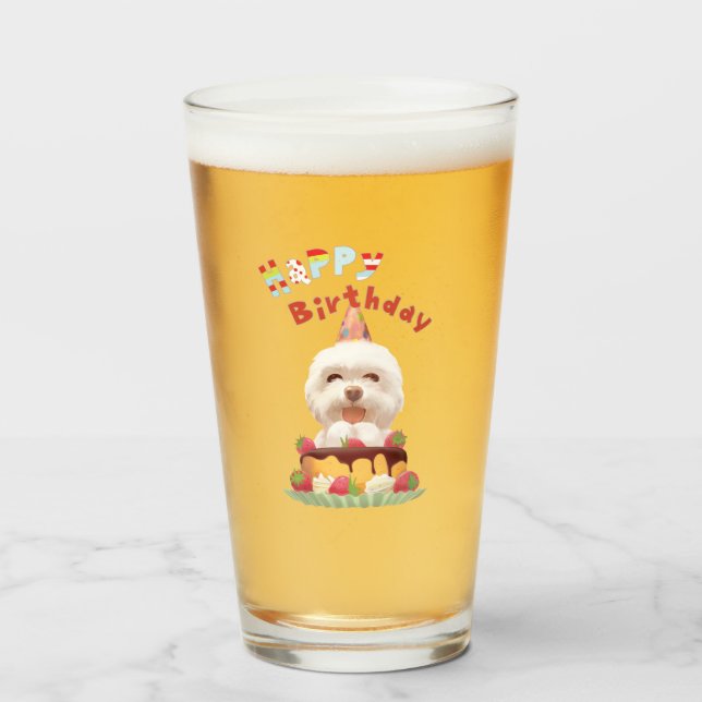 Smile Pup: Happy Birthday Bichon & Cake Art Glass (Front Filled)