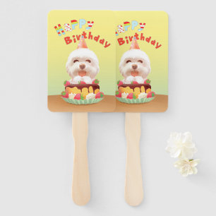 Smile Pup: Happy Birthday Bichon & Cake Art Hand Fan