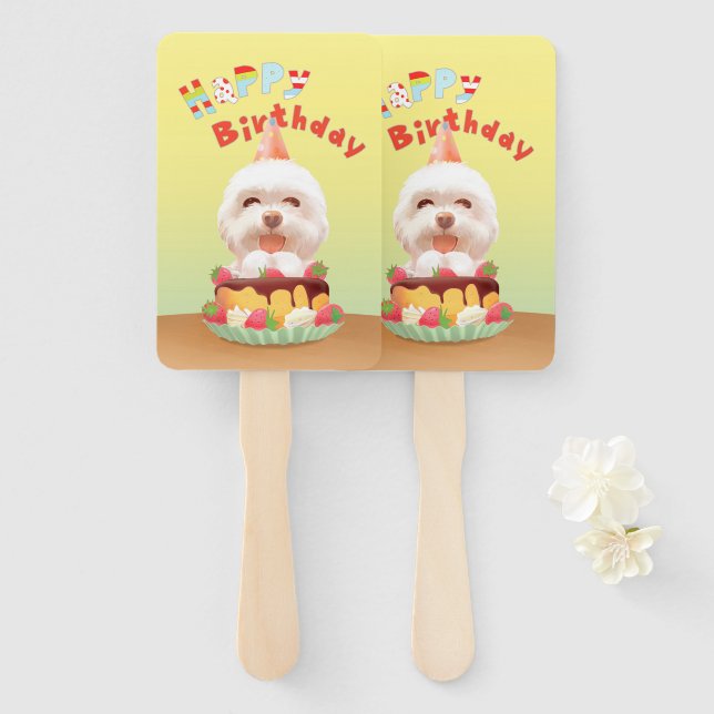 Smile Pup: Happy Birthday Bichon & Cake Art Hand Fan (Front and Back)