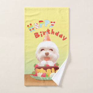 Smile Pup: Happy Birthday Bichon & Cake Art Hand Towel