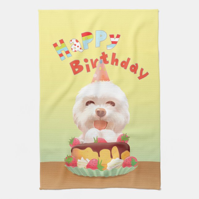 Smile Pup: Happy Birthday Bichon & Cake Art Kitchen Towel (Vertical)