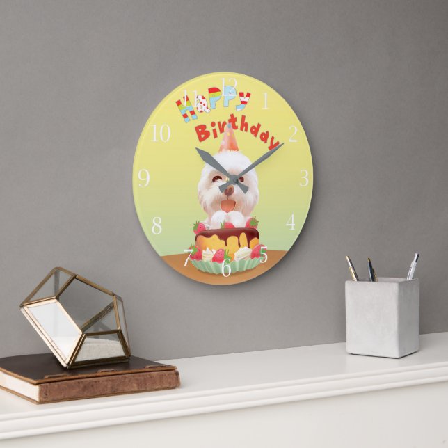 Smile Pup: Happy Birthday Bichon & Cake Art Large Clock (Office)