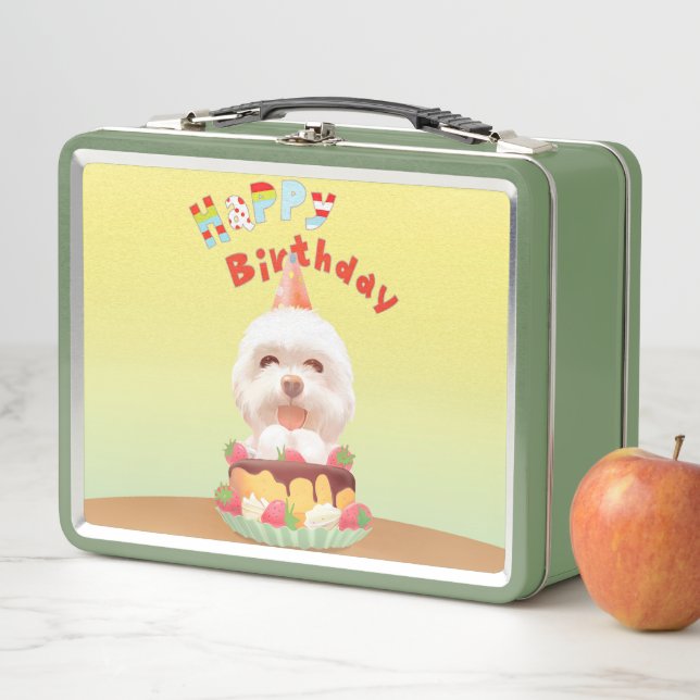 Smile Pup: Happy Birthday Bichon & Cake Art Metal Lunch Box (In Situ)