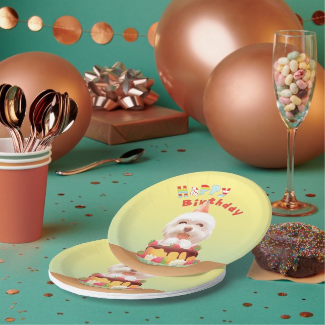 Smile Pup: Happy Birthday Bichon & Cake Art Paper Plates (Multi)