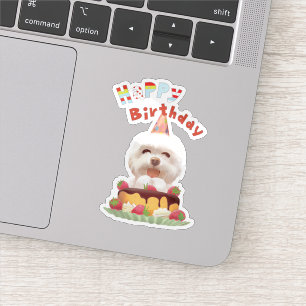 Smile Pup: Happy Birthday Bichon & Cake Art Sticker