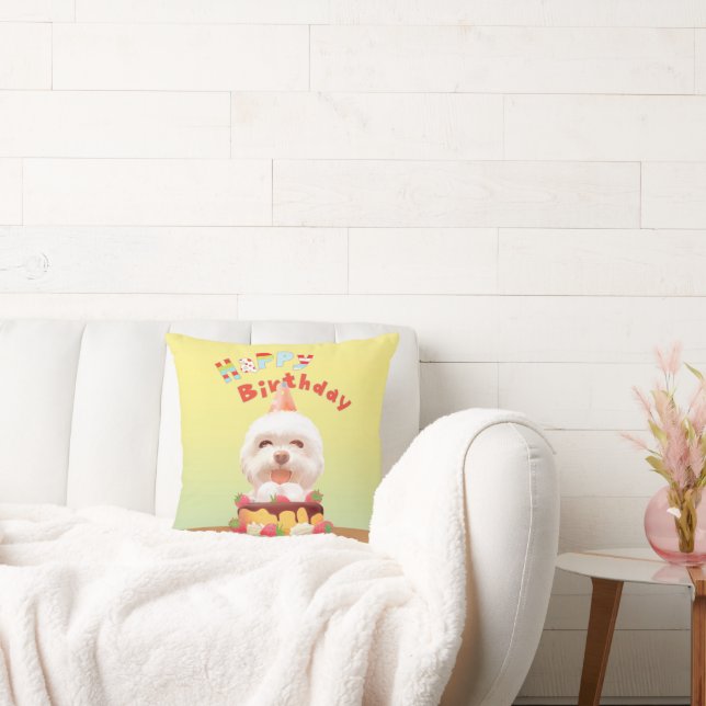 Smile Pup: Happy Birthday Bichon & Cake Art Throw Pillow (Couch)