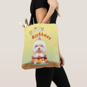 Smile Pup: Happy Birthday Bichon & Cake Art Tote Bag