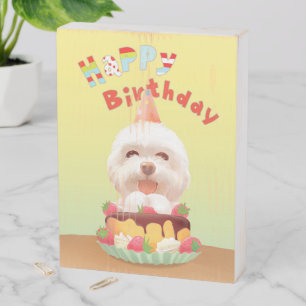 Smile Pup: Happy Birthday Bichon & Cake Art Wooden Box Sign
