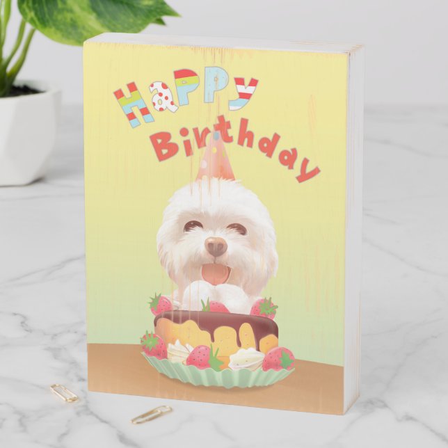Smile Pup: Happy Birthday Bichon & Cake Art Wooden Box Sign (In Situ Vertical)
