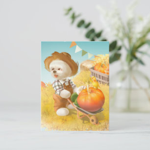 Smile Pup: Harvest Joy & Pumpkin Wheelbarrow Announcement Postcard