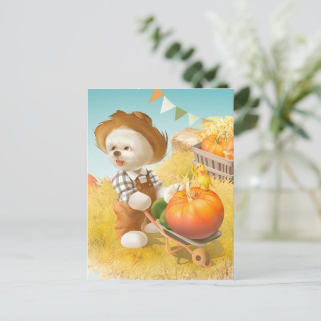 Smile Pup: Harvest Joy & Pumpkin Wheelbarrow Announcement Postcard (Standing Front)
