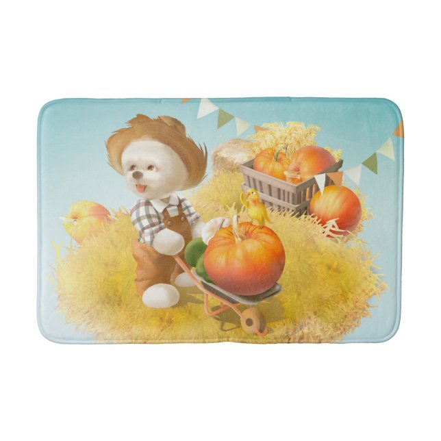 Smile Pup: Harvest Joy & Pumpkin Wheelbarrow Bath Mat (Front)