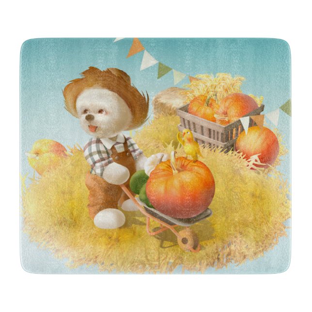 Smile Pup: Harvest Joy & Pumpkin Wheelbarrow Cutting Board (Front)