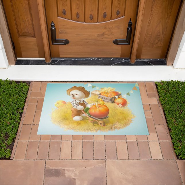 Smile Pup: Harvest Joy & Pumpkin Wheelbarrow Doormat (Outdoor)