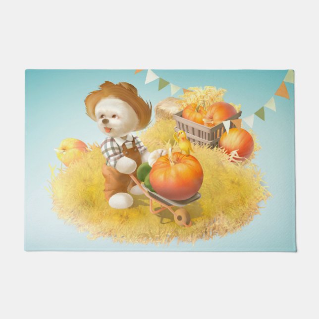 Smile Pup: Harvest Joy & Pumpkin Wheelbarrow Doormat (Front)
