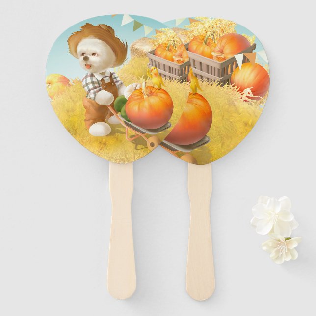 Smile Pup: Harvest Joy & Pumpkin Wheelbarrow Hand Fan (Front and Back)