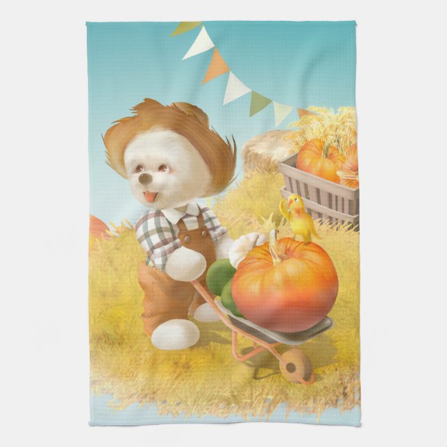 Smile Pup: Harvest Joy & Pumpkin Wheelbarrow Kitchen Towel (Vertical)