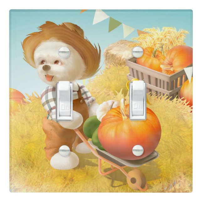 Smile Pup: Harvest Joy & Pumpkin Wheelbarrow Light Switch Cover (In Situ)