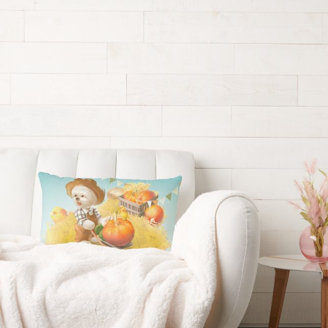 Smile Pup: Harvest Joy & Pumpkin Wheelbarrow Lumbar Pillow (Couch)