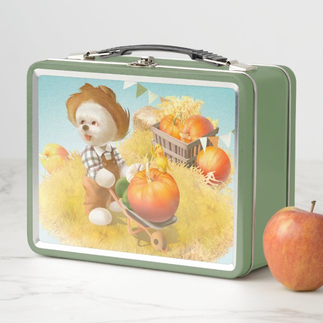 Smile Pup: Harvest Joy & Pumpkin Wheelbarrow Metal Lunch Box (In Situ)