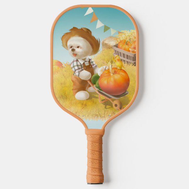 Smile Pup: Harvest Joy & Pumpkin Wheelbarrow Pickleball Paddle (Front)