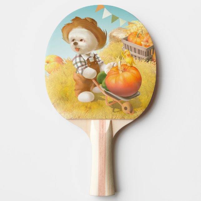 Smile Pup: Harvest Joy & Pumpkin Wheelbarrow Ping Pong Paddle (Front)