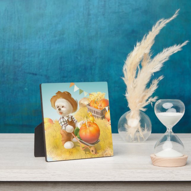 Smile Pup: Harvest Joy & Pumpkin Wheelbarrow Plaque (Insitu)