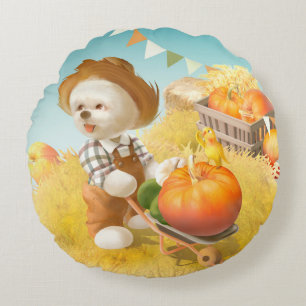 Smile Pup: Harvest Joy & Pumpkin Wheelbarrow Round Pillow