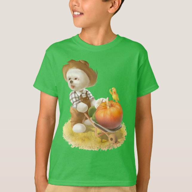Smile Pup: Harvest Joy & Pumpkin Wheelbarrow T-Shirt (Front)