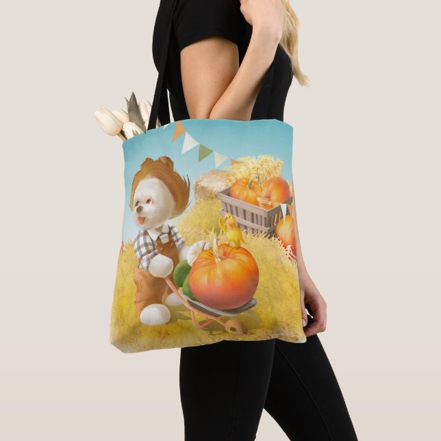 Smile Pup: Harvest Joy & Pumpkin Wheelbarrow Tote Bag (Close Up)